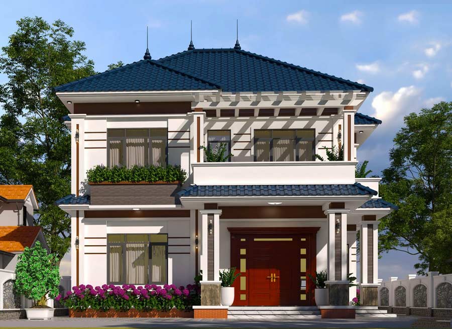 Mẫu nhà 2 tầng 4 phòng ngủ 8x12 đơn giản mái Nhật