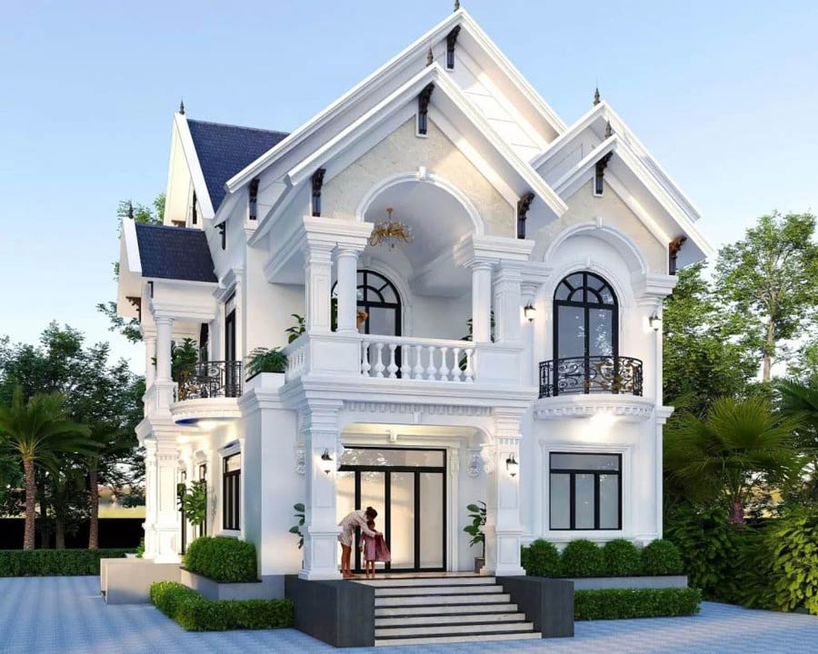 Mẫu nhà 2 tầng 4 phòng ngủ 8x12 đơn giản mái Thái