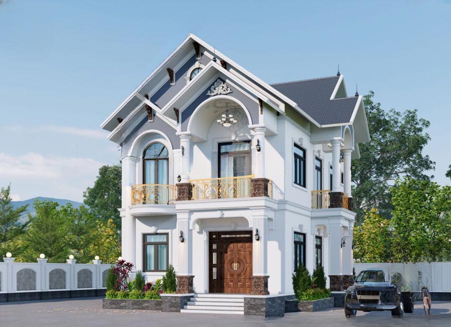 Mẫu nhà 2 tầng 4 phòng ngủ 8x12 đơn giản mái Thái