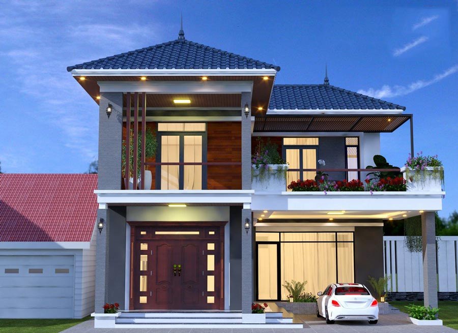 Thiết kế nhà 2 tầng 4 phòng ngủ 8x12 ở nông thôn