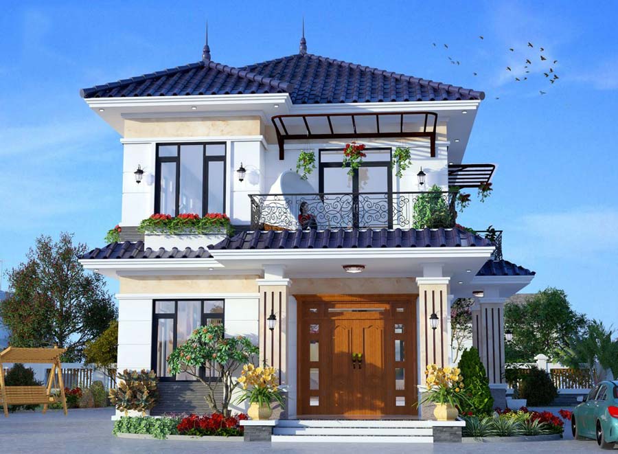 Thiết kế nhà 2 tầng 4 phòng ngủ 8x12 ở nông thôn