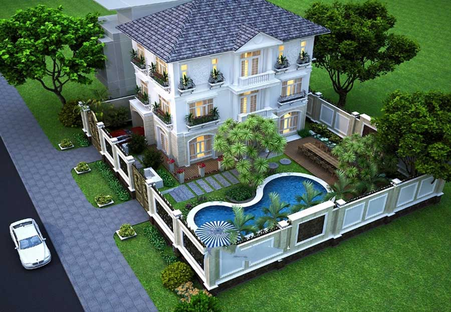 Mẫu thiết kế nhà phố tân cổ điển có hồ bơi