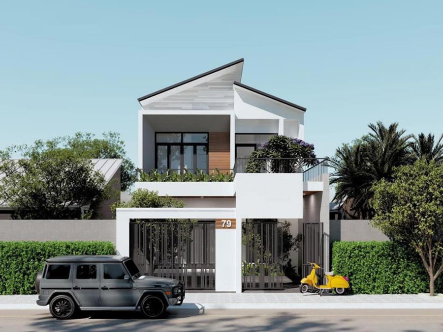 Thiết kế nhà 5x10m 2 tầng 3 phòng ngủ mái lệch