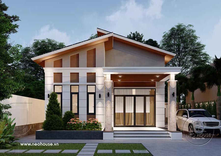 Mẫu thiết kế nhà mặt tiền 12m sâu 10m mái lệch