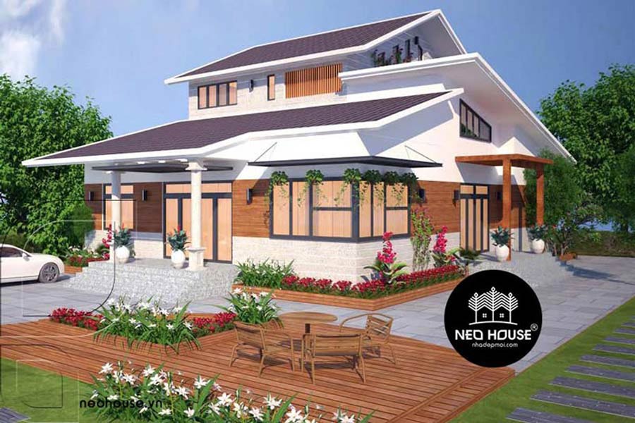 Mẫu thiết kế nhà mặt tiền 12m sâu 10m mái lệch
