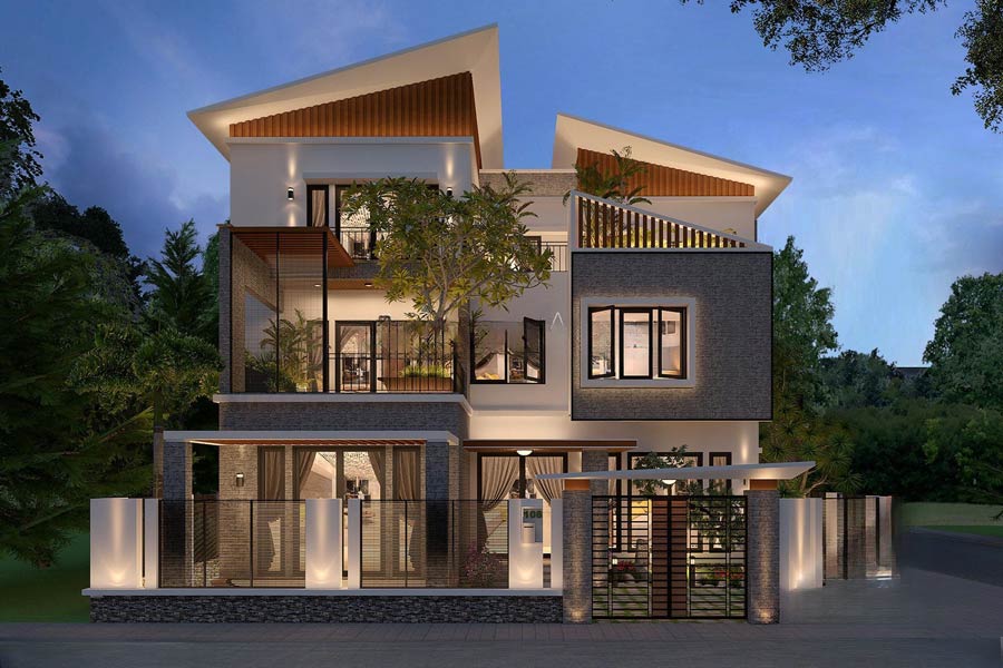 Mẫu thiết kế nhà mặt tiền 12m sâu 10m mái lệch
