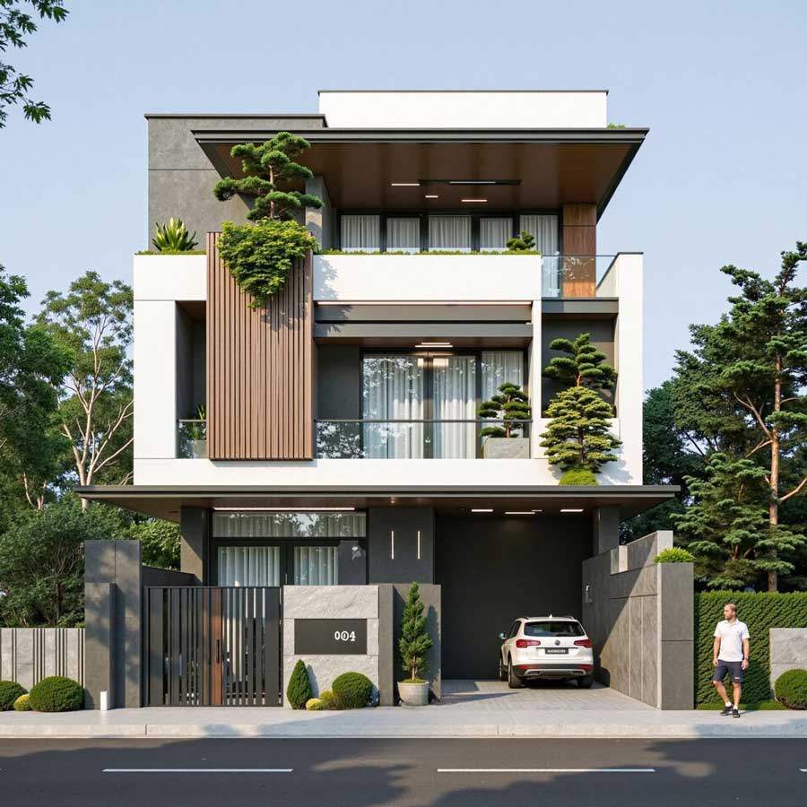 Thiết kế nhà mặt tiền 12m sâu 6m mái có gara