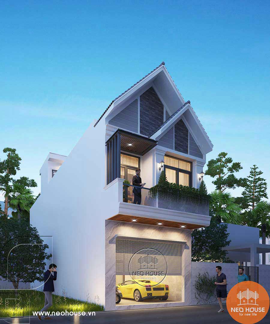 Thiết kế nhà mặt tiền 12m sâu 6m mái có gara