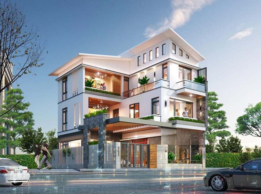 Mẫu thiết kế nhà mặt tiền 12m sâu 6m mái lệch