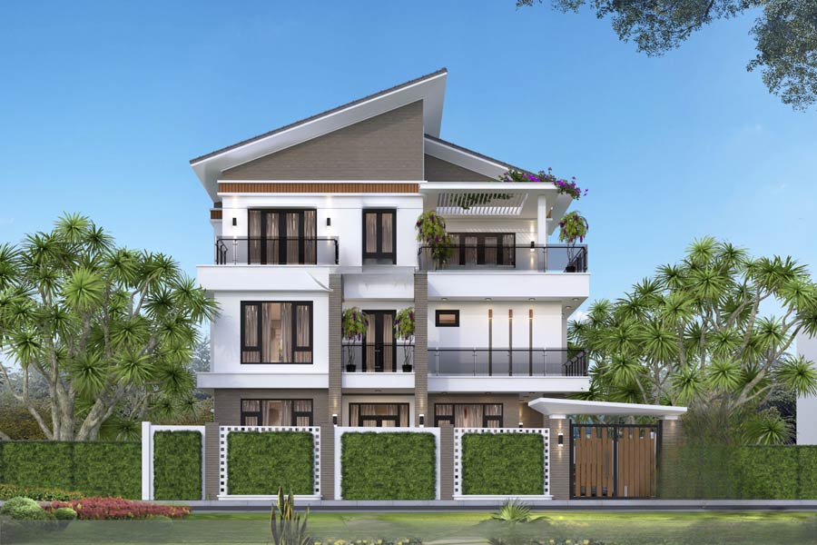 Mẫu thiết kế nhà mặt tiền 12m sâu 6m mái lệch