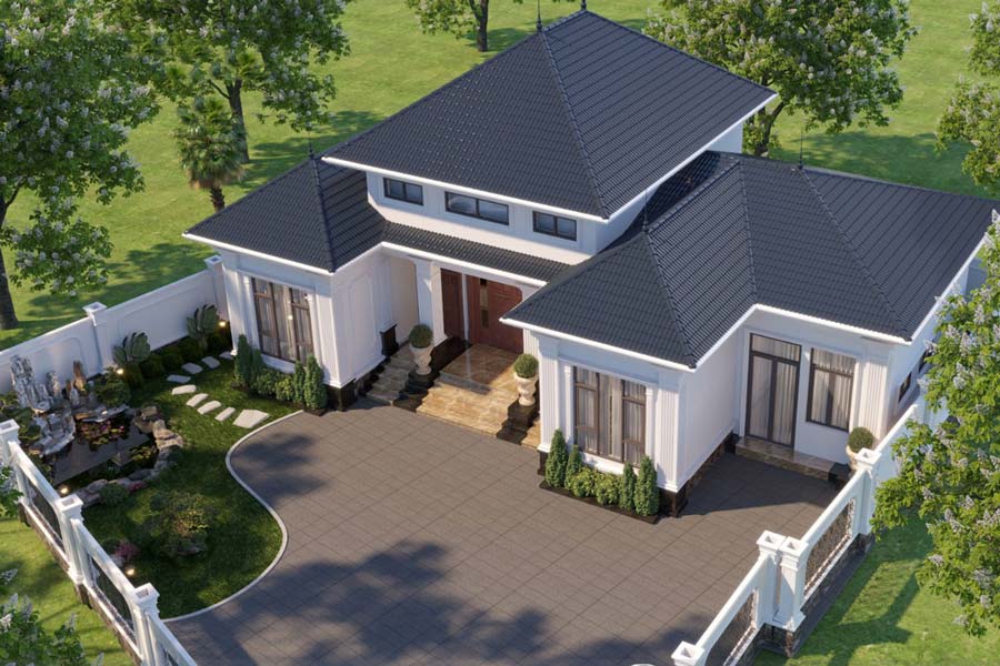 Thiết kế nhà mặt tiền 12m sâu 6m mái có sân vườn