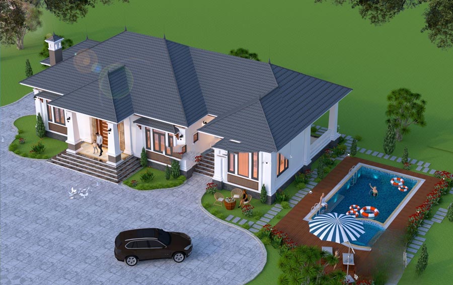 Mẫu biệt thự 1 tầng 200m2 có hồ bơi
