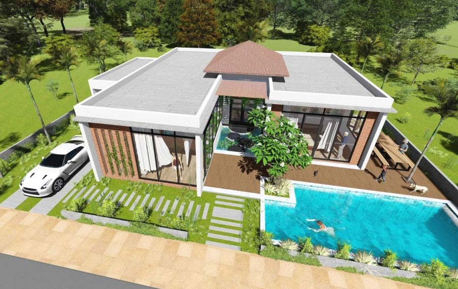 Mẫu biệt thự 1 tầng 200m2 có hồ bơi