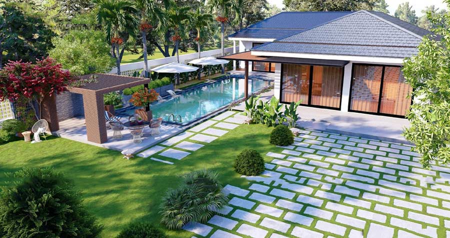 Mẫu biệt thự 1 tầng 200m2 có hồ bơi