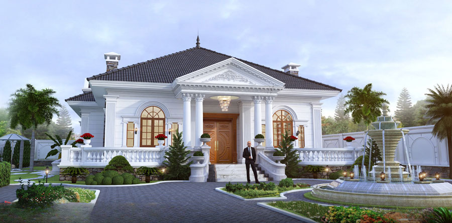 Mẫu biệt thự 1 tầng 200m2 phong cách tân cổ điển