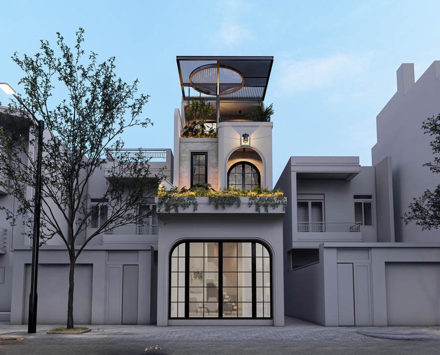 Mẫu thiết kế biệt thự 2 tầng 1 tum tối giản