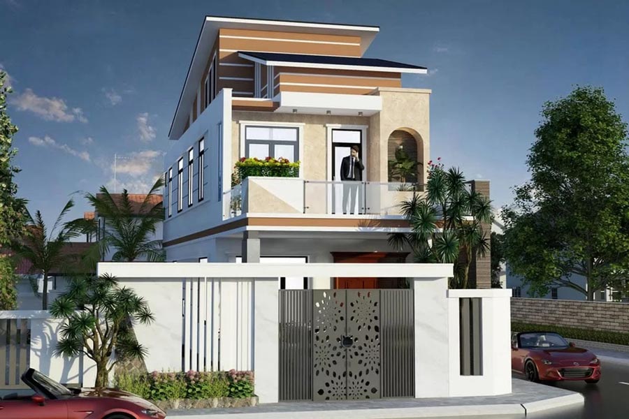 Thiết kế nhà biệt thự 2 tầng mái ngói kiểu lệch