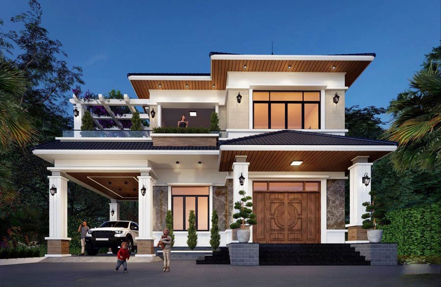 Mẫu nhà biệt thự 2 tầng mái Nhật đẹp có gara