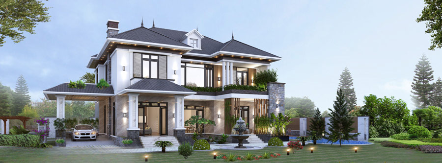 Mẫu biệt thự 2 tầng mái Nhật có hồ bơi
