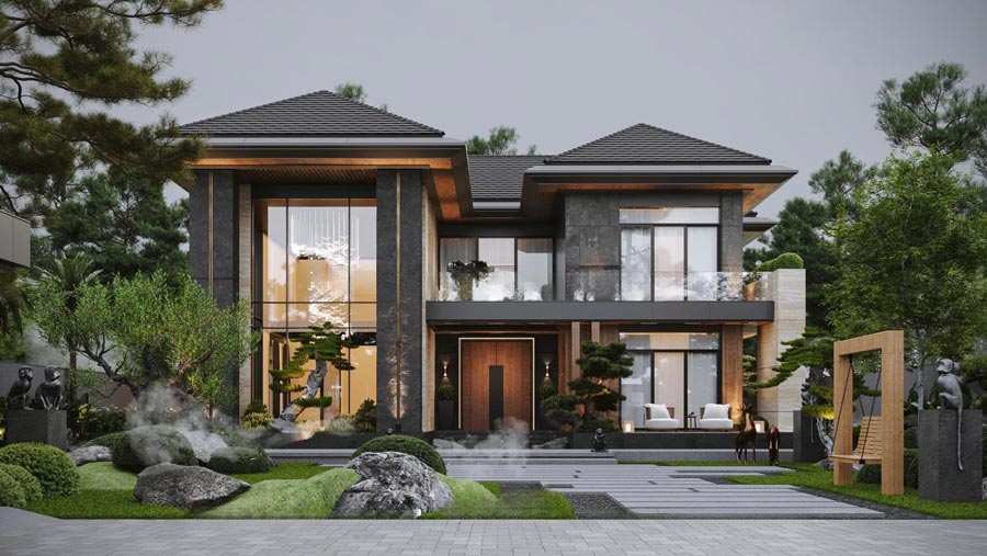 Mẫu biệt thự 2 tầng mái Nhật hiện đại