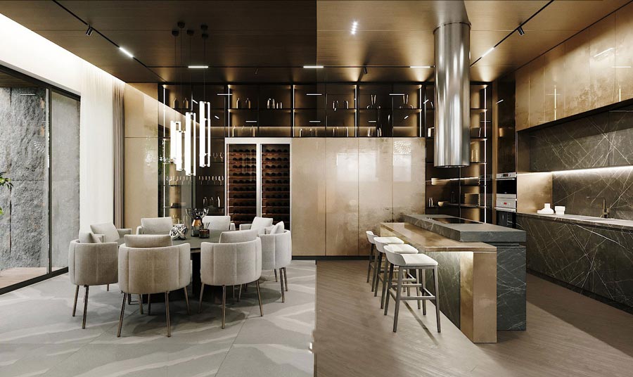 Gợi ý thiết kế không gian bếp và bàn ăn nhà biệt thự 2 tầng