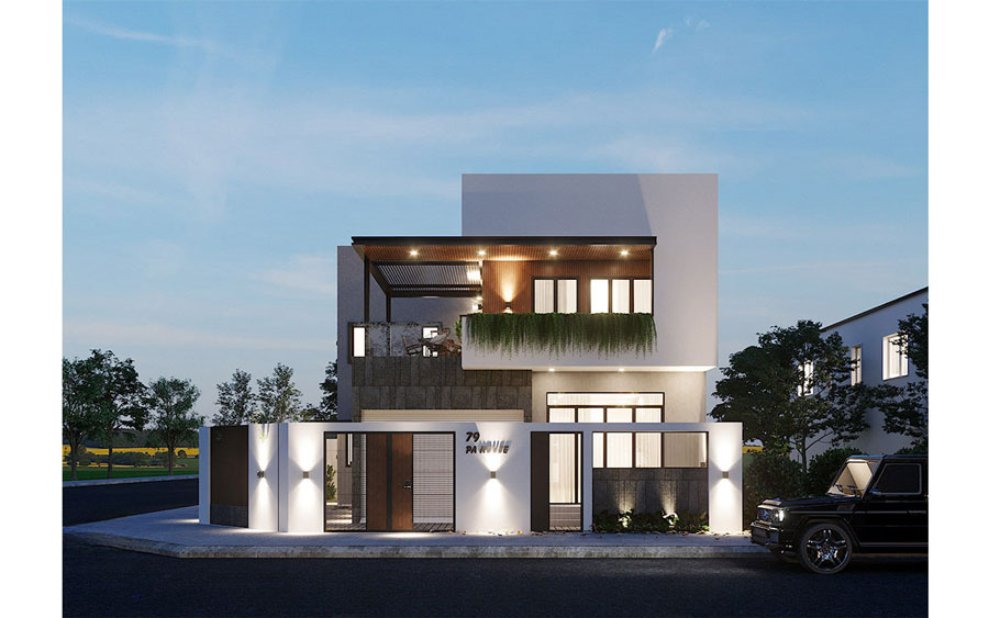 Mẫu nhà chữ L 2 tầng 1 tum