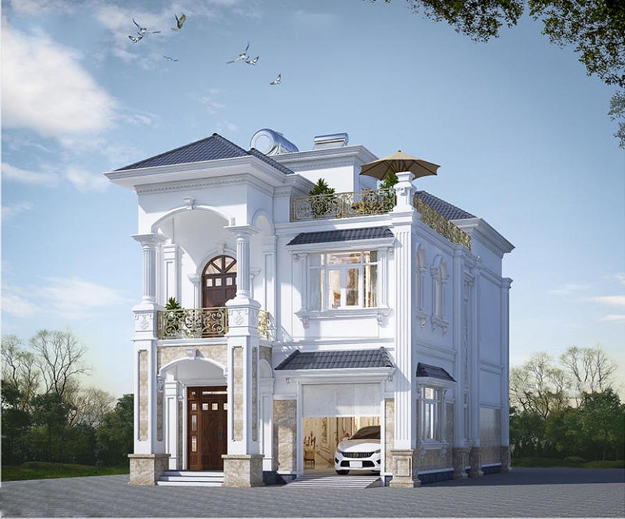 Mẫu nhà chữ L 2 tầng 1 tum