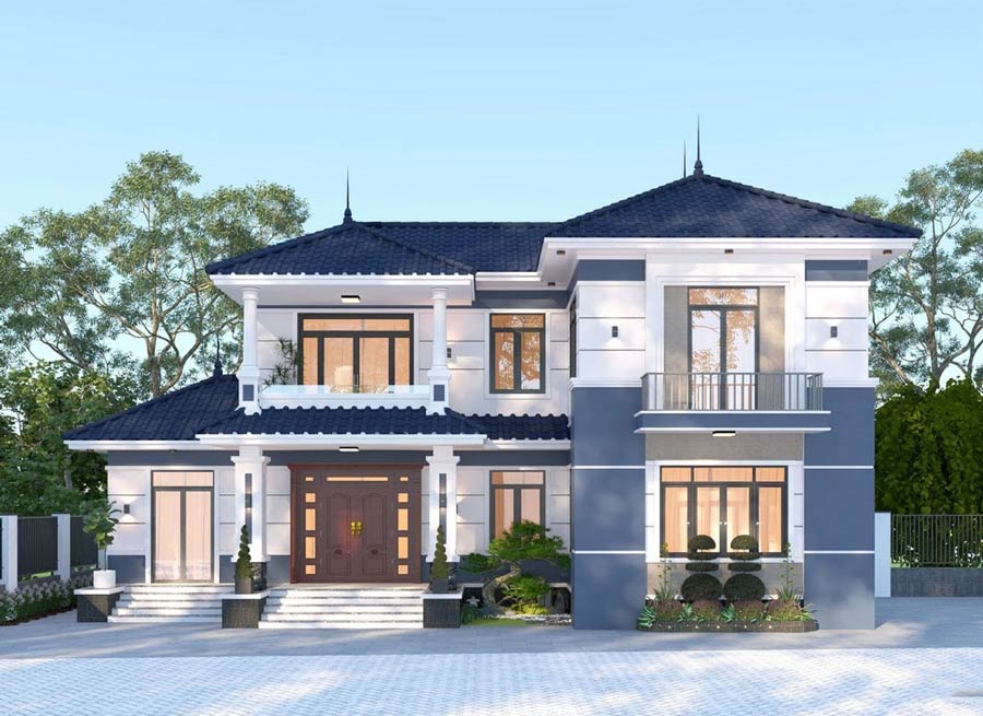 Mẫu nhà 2 tầng chữ L 5 phòng ngủ