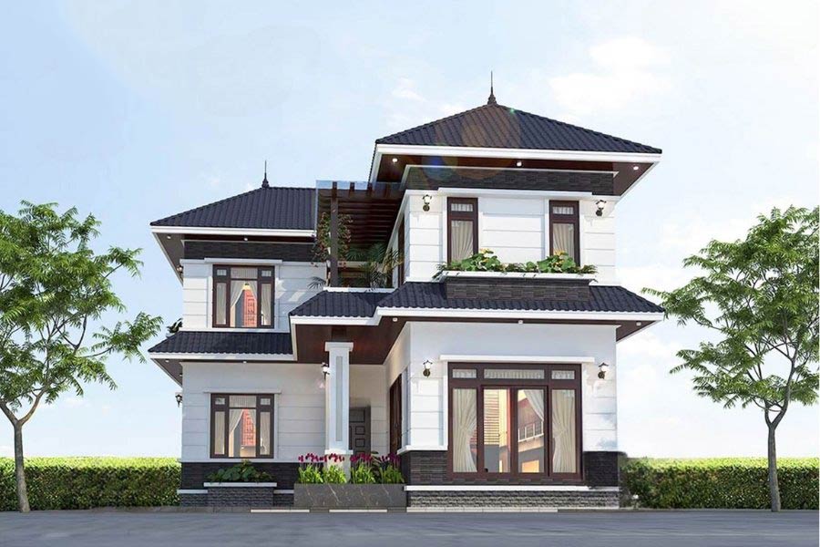 Mẫu nhà 2 tầng chữ L 5 phòng ngủ