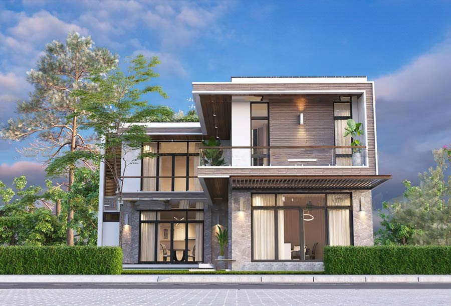 Thiết kế nhà 2 tầng chữ L hiện đại