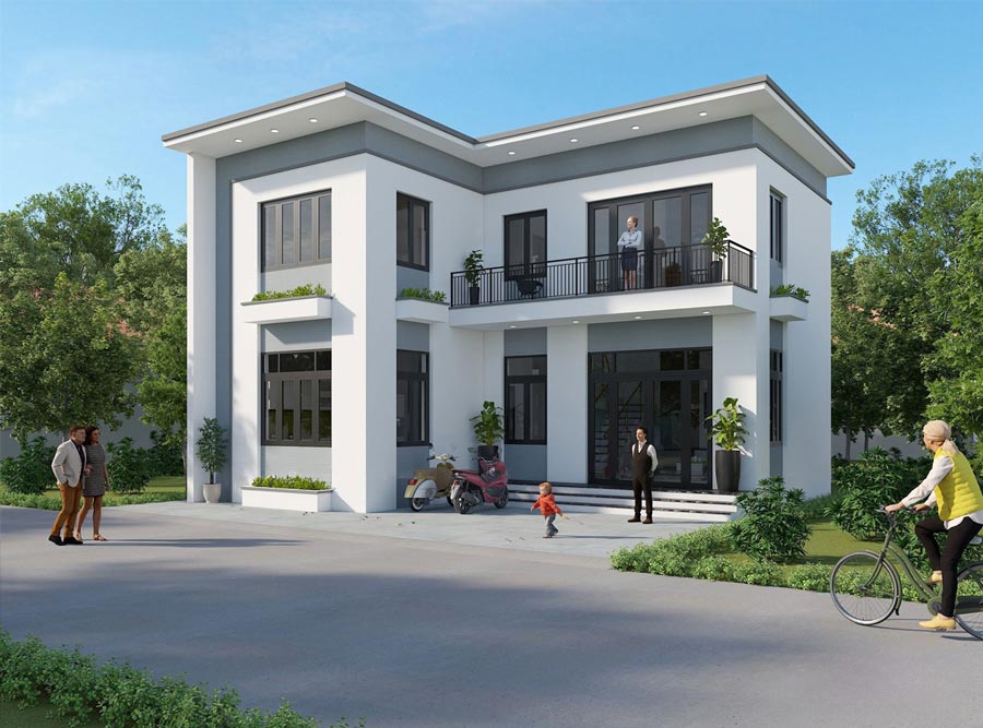 Thiết kế nhà 2 tầng chữ L hiện đại