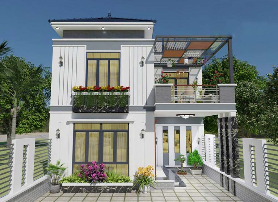 Mẫu nhà chữ L 2 tầng đẹp ở nông thôn