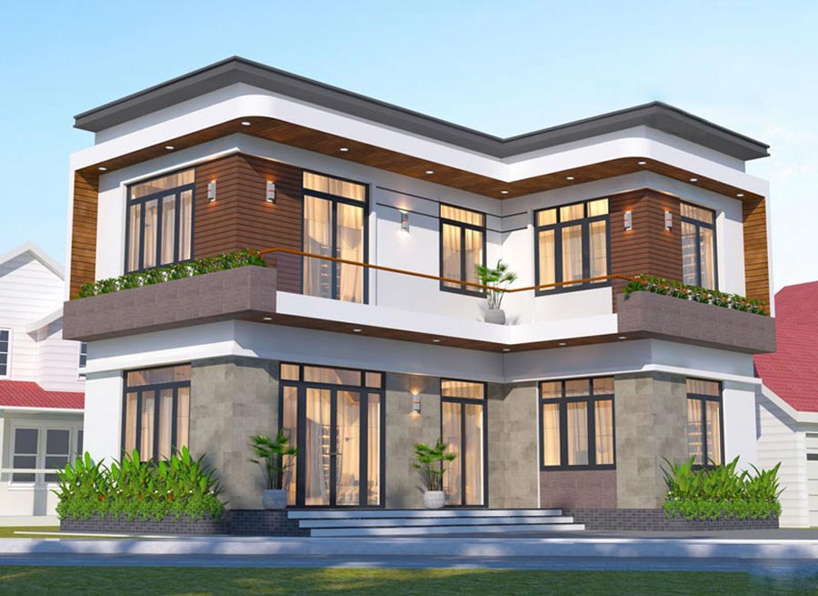 Mẫu nhà chữ L 2 tầng đẹp ở nông thôn