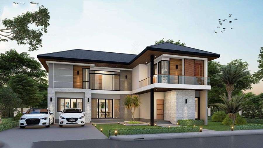 Mẫu nhà 2 tầng chữ L 100m2