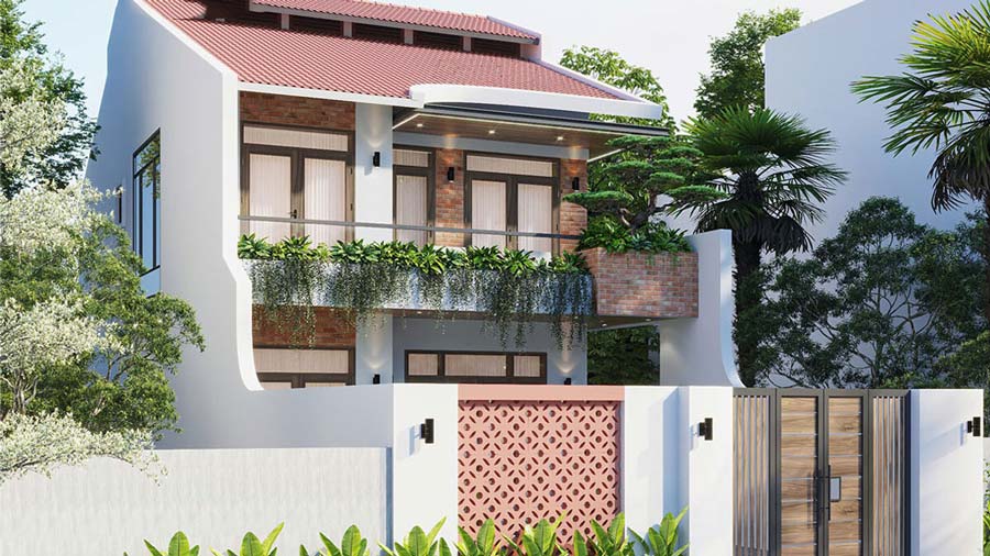 Mẫu nhà 2 tầng mặt tiền 8m đẹp có sân vườn