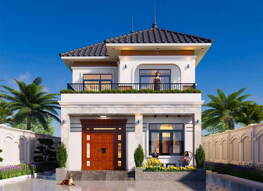 Mẫu nhà 2 tầng mặt tiền 8m đẹp có sân vườn