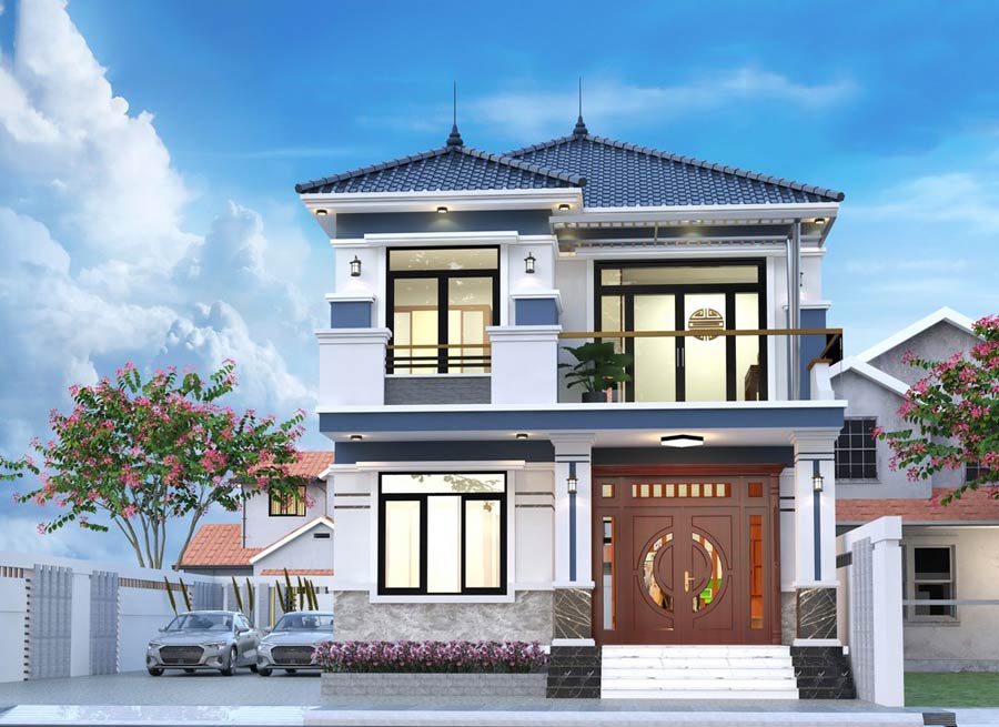 Thiết kế mặt tiền nhà 2 tầng 8m đẹp không gian mở