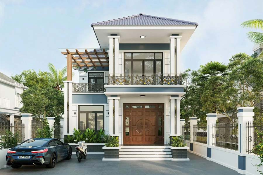 Mẫu nhà 2 tầng mặt tiền 8m mái Nhật