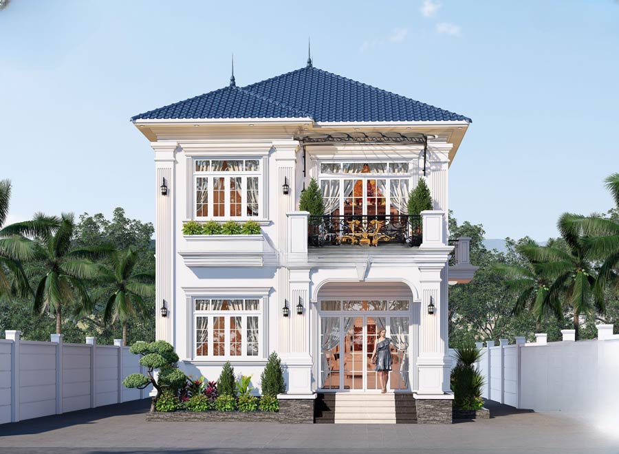 Thiết kế nhà 2 tầng mặt tiền 8m tân cổ điển