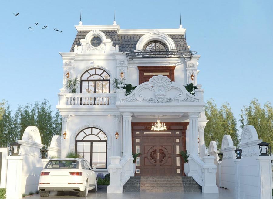 Thiết kế nhà 2 tầng mặt tiền 8m tân cổ điển