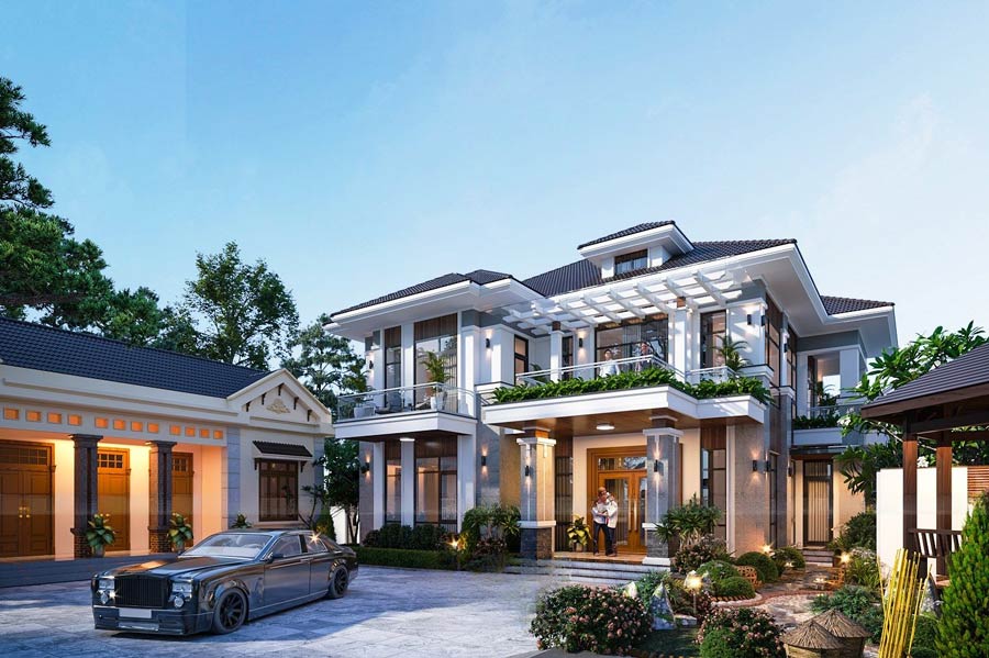 Thiết kế biệt thự mái Nhật 2 tầng 5 phòng ngủ