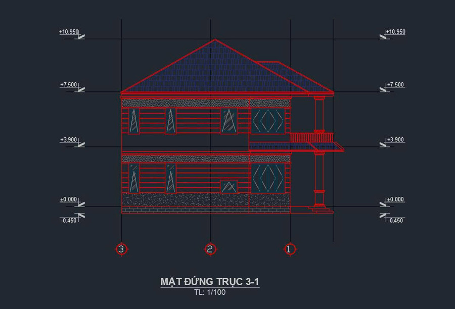 Bản CAD biệt thự sân vườn 3 tầng