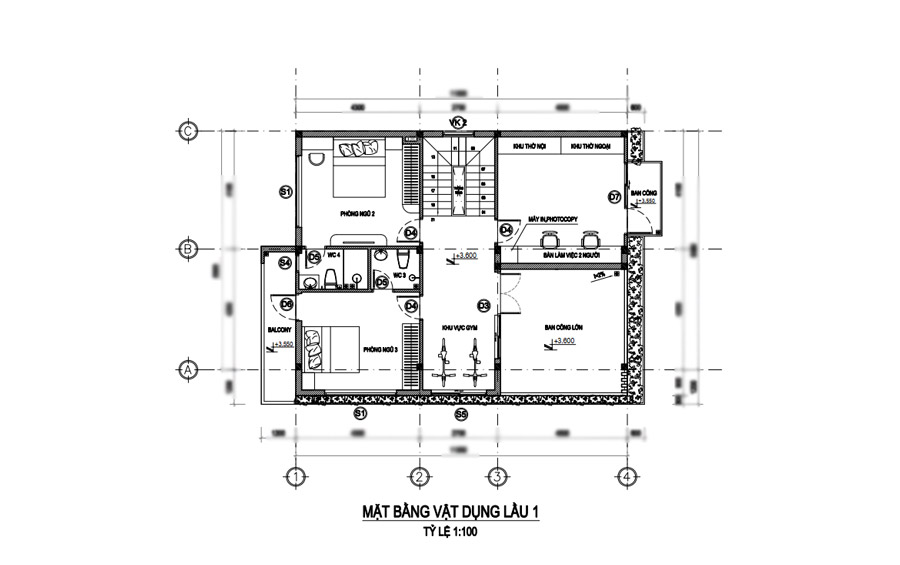 Mặt bằng lầu 1 biệt thự 3 tầng hiện đại 8x12m