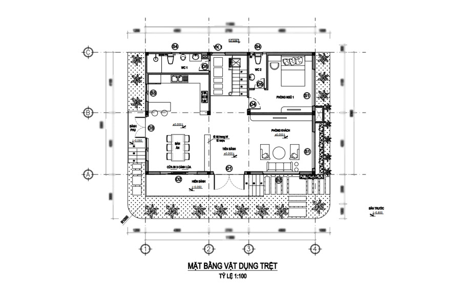 Mặt bằng tầng trệt biệt thự 3 tầng hiện đại 8x12m