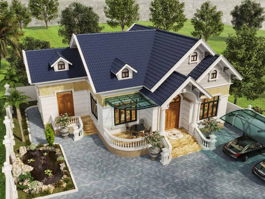 Thiết kế nhà biệt thự 1 tầng có gác lửng chữ L