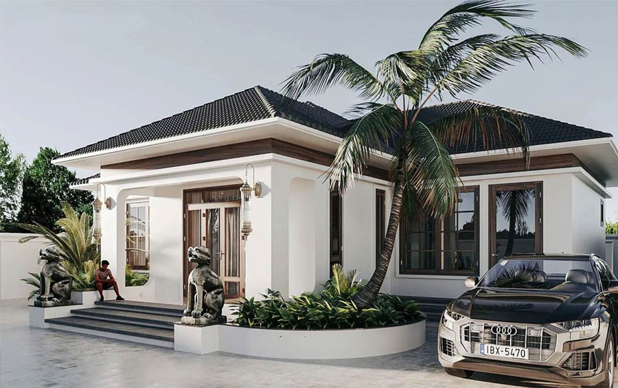 Thiết kế nhà biệt thự 1 tầng có gác lửng chữ L