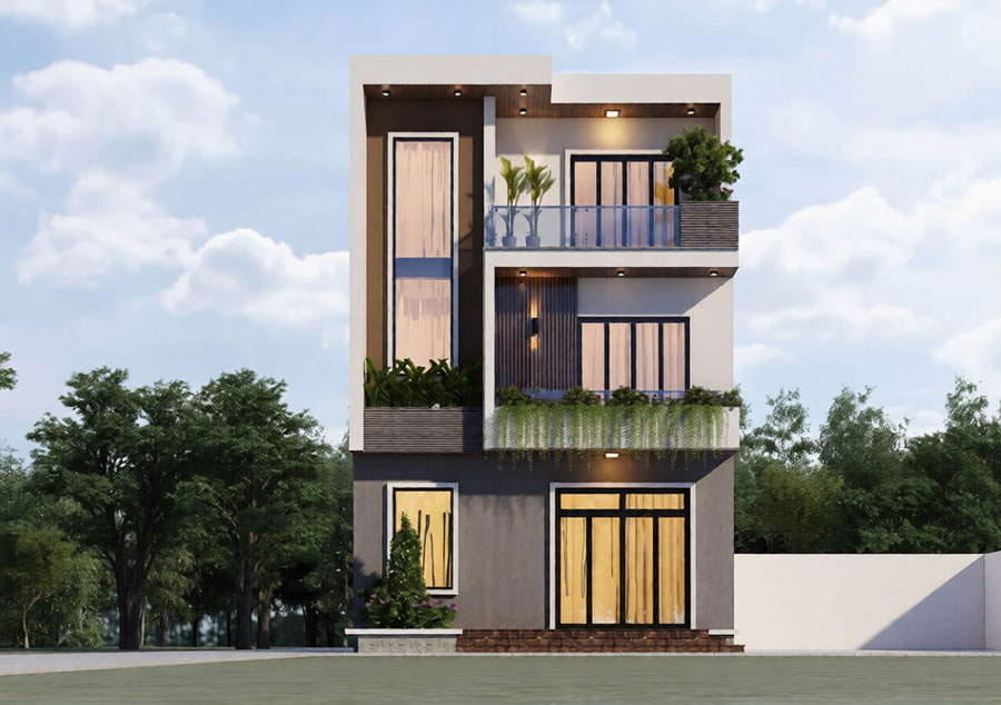 Thiết kế nhà biệt thự 3 tầng có thang máy mái bằng