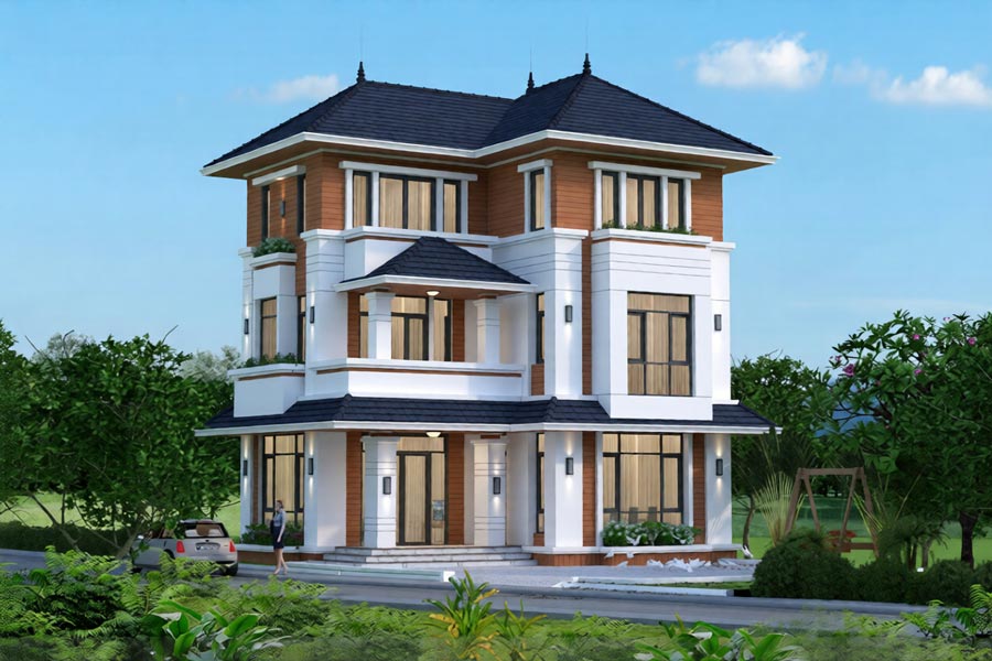 Thiết kế nhà biệt thự 3 tầng có thang máy mái nhật