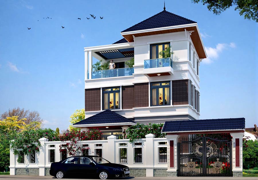 Mẫu biệt thự 3 tầng có thang máy mái thái