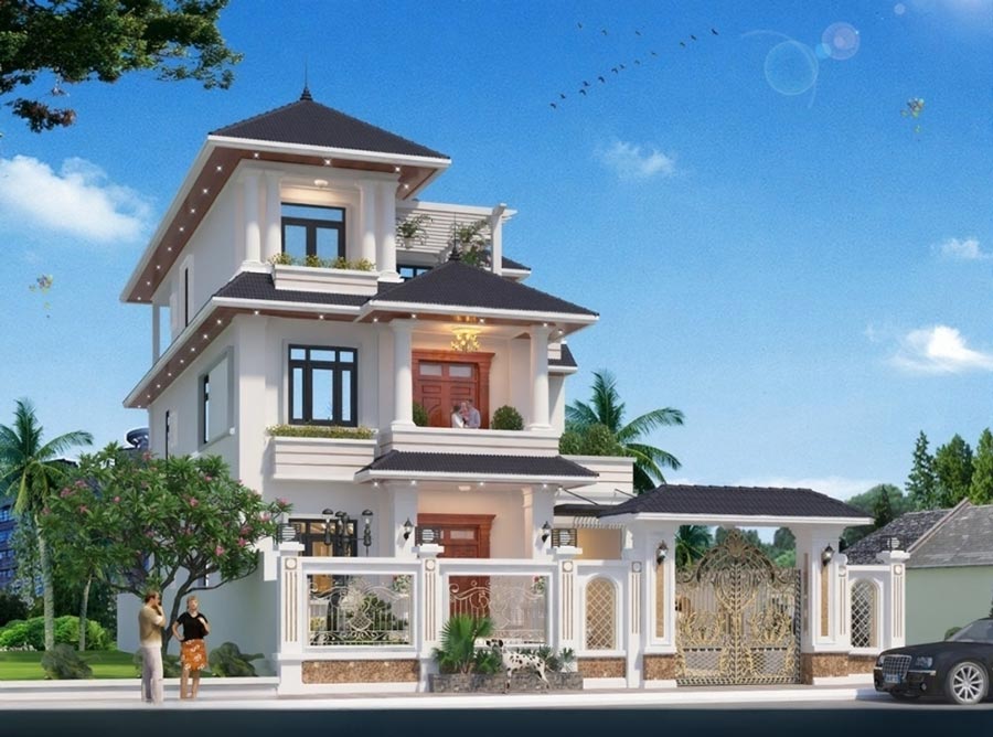 Mẫu biệt thự 3 tầng có thang máy mái thái